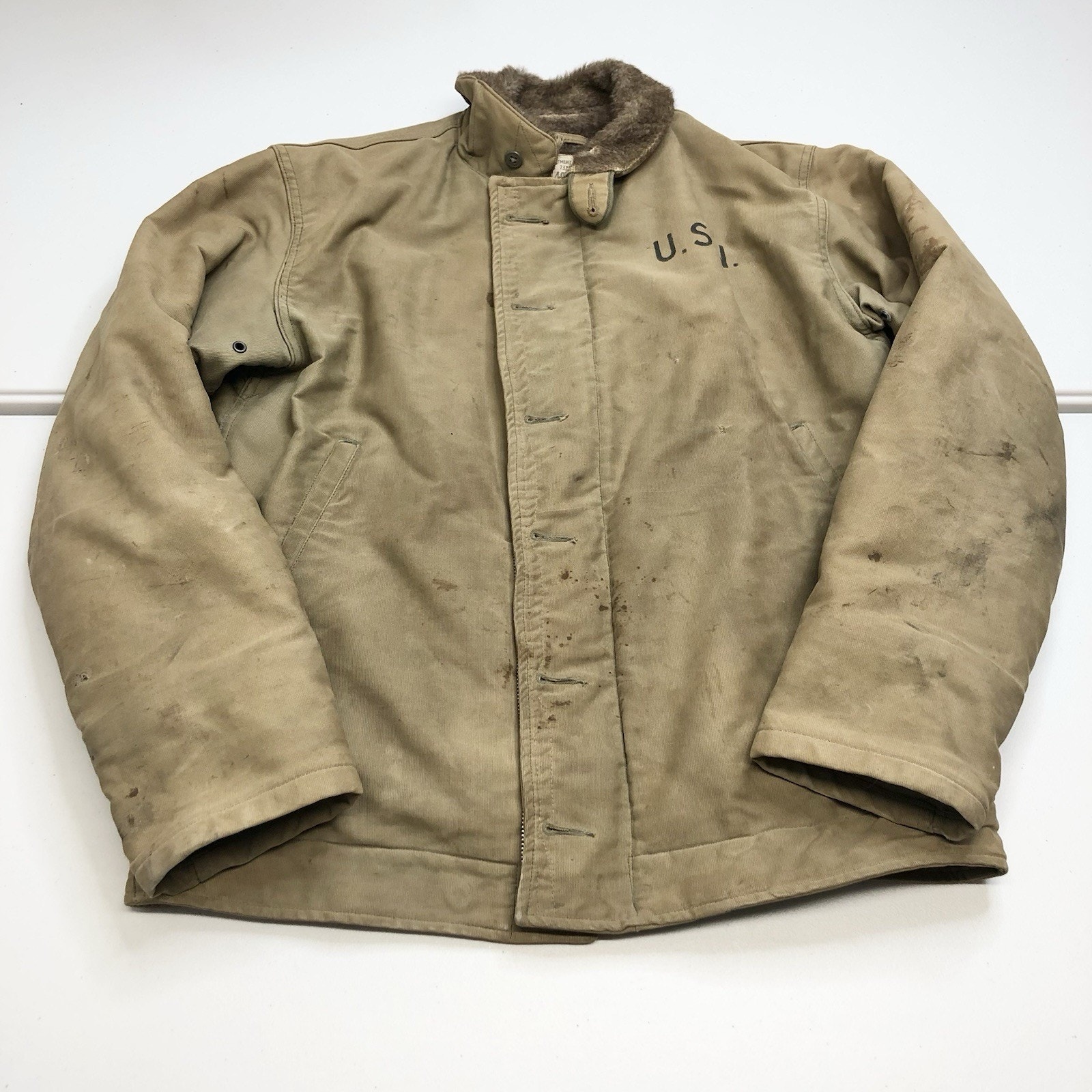 Vintage 40s Us Navy N-1 Deck Jacket Mens Sz 40 Brown Khaki Zip Up “ John Harold
